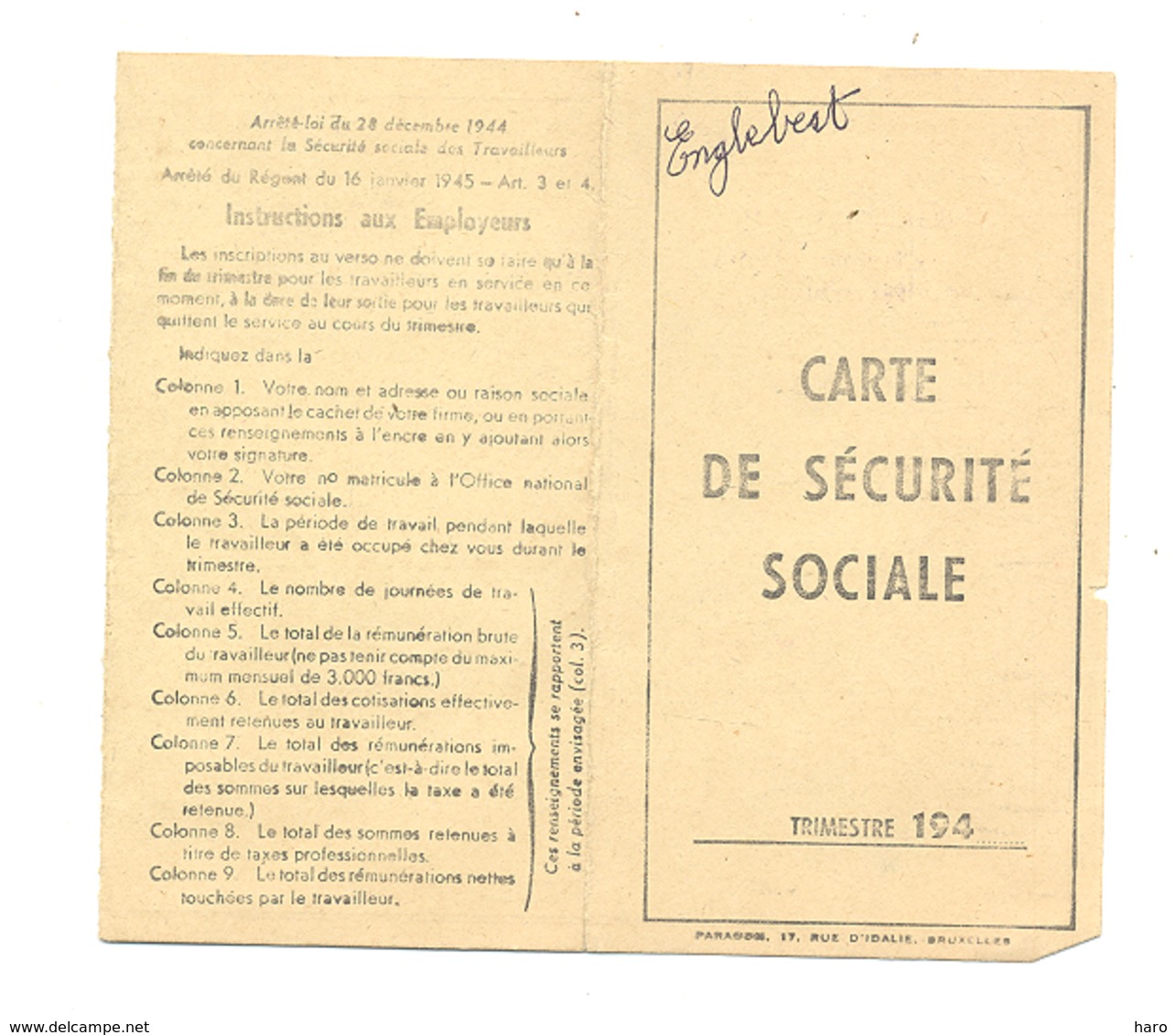 Carte De Sécurité Sociale - 1946 - Cachet ENGLEBERT Et Cie , Rue Des Vennes à LIEGE - Métiers (van) - Non Classés