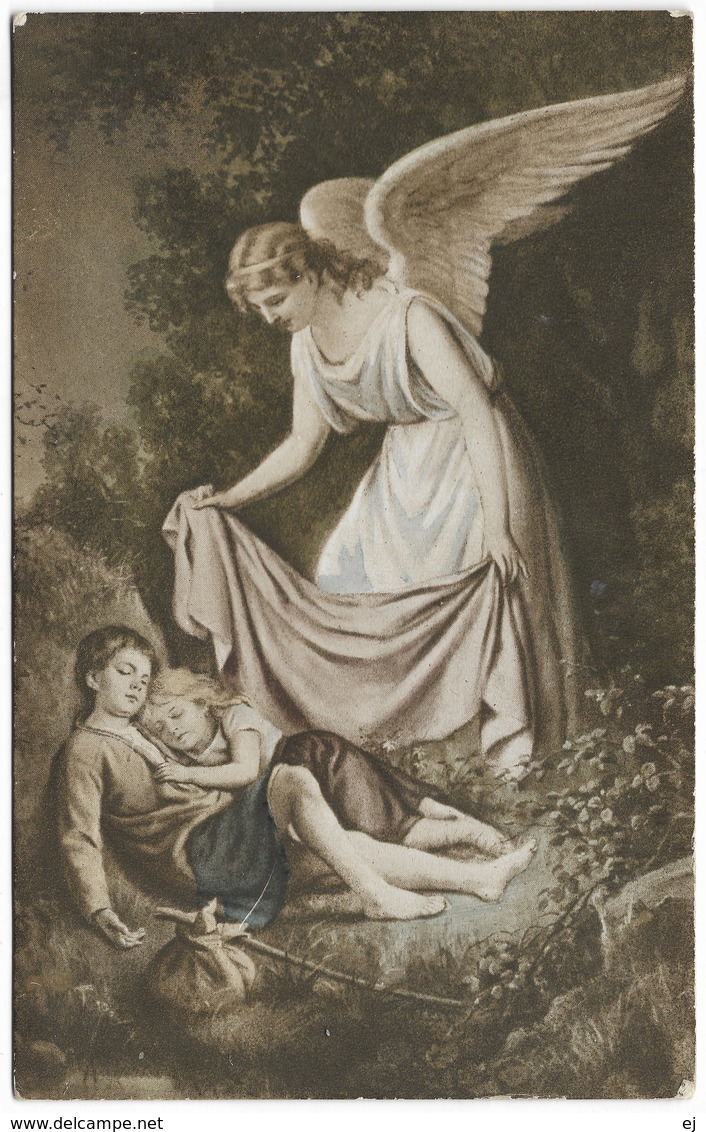 Angel Putting Blanket On Sleeping Children In Wood  - Unused - R & T W - Angels