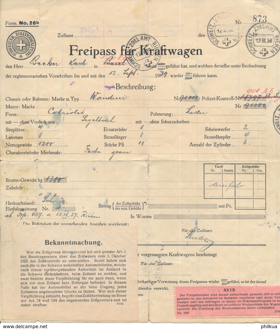 1939 - Zollamt Riehen - Freipass Für Kraftfahrzeuge - Documents Historiques