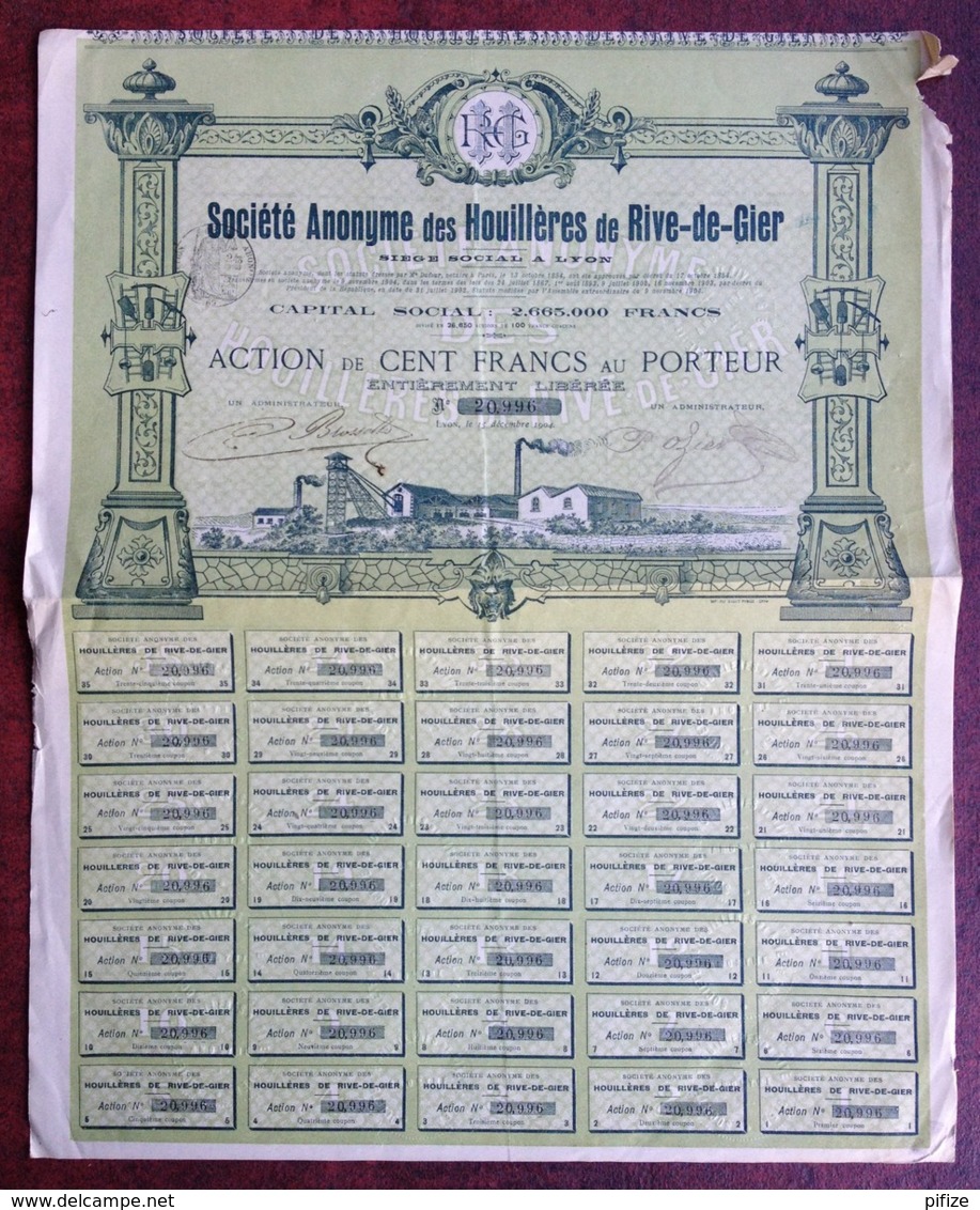 Société Anonyme Des Houillères De Rive-de-Gier . 2 Actions 1877 Et 1904 . Charbon . Mines . - Mines