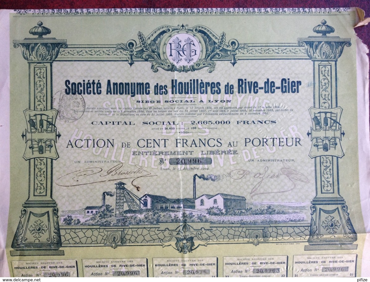 Société Anonyme Des Houillères De Rive-de-Gier . 2 Actions 1877 Et 1904 . Charbon . Mines . - Mines