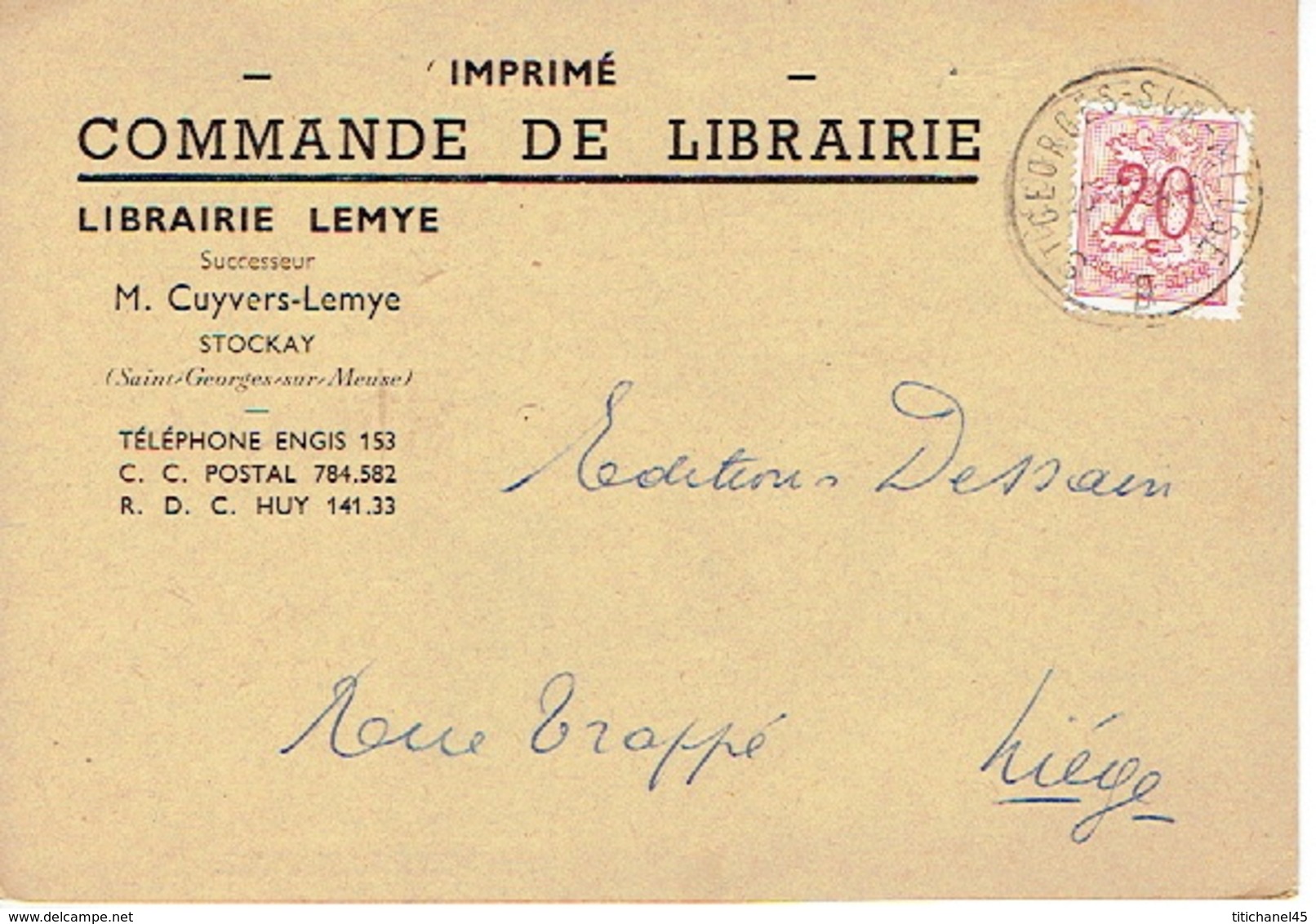 CP Publicitaire STOCKAY (SAINT-GEORGES-SUR-MEUSE) 1954 - LIBRAIRIE LEMYE - Successeur CUYVERS-LEMYE - Saint-Georges-sur-Meuse