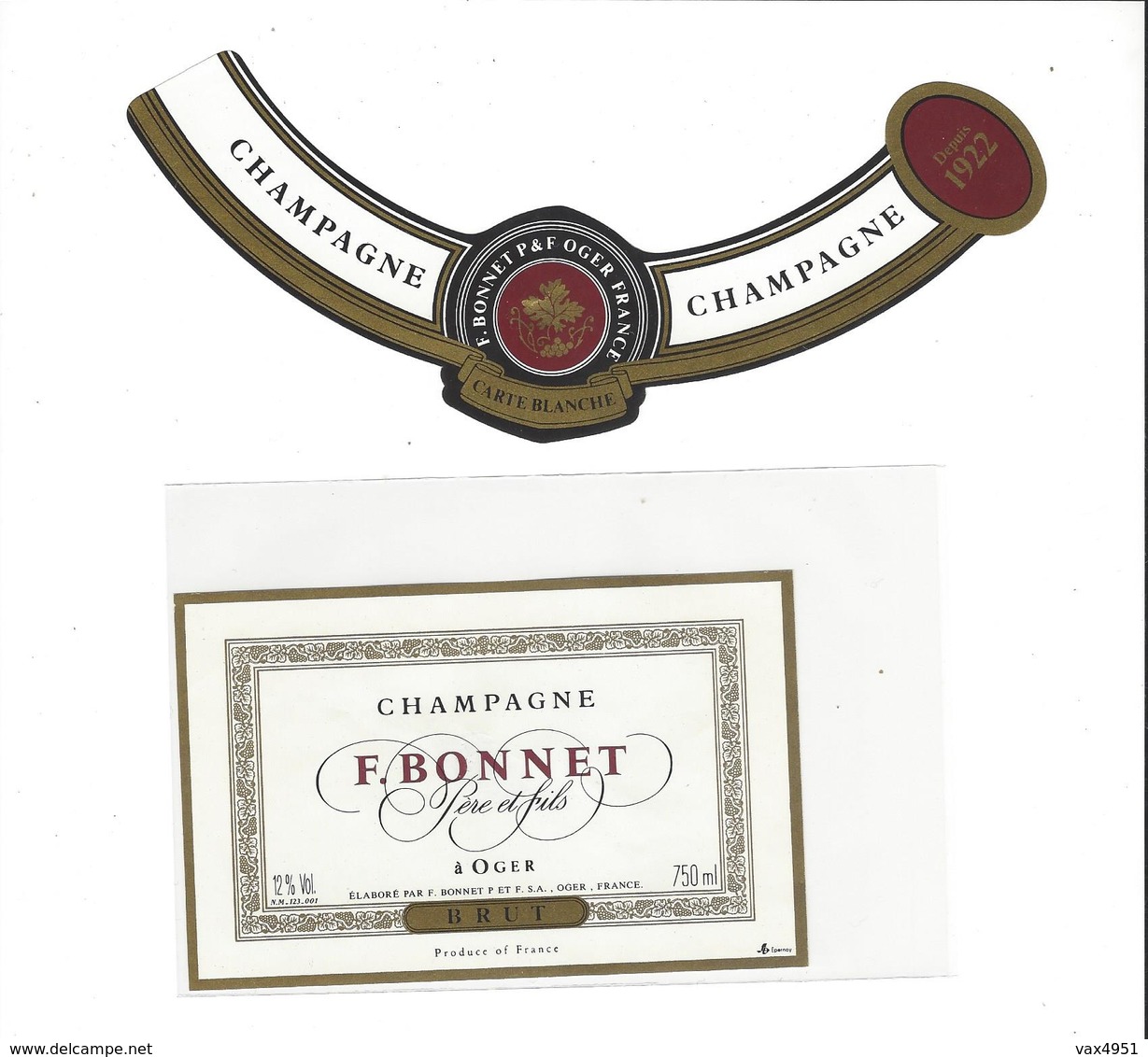 ETIQUETTE CHAMPAGNE F BONNET BRUT  A OGER   ***   RARE A SAISIR ****** - Champagne