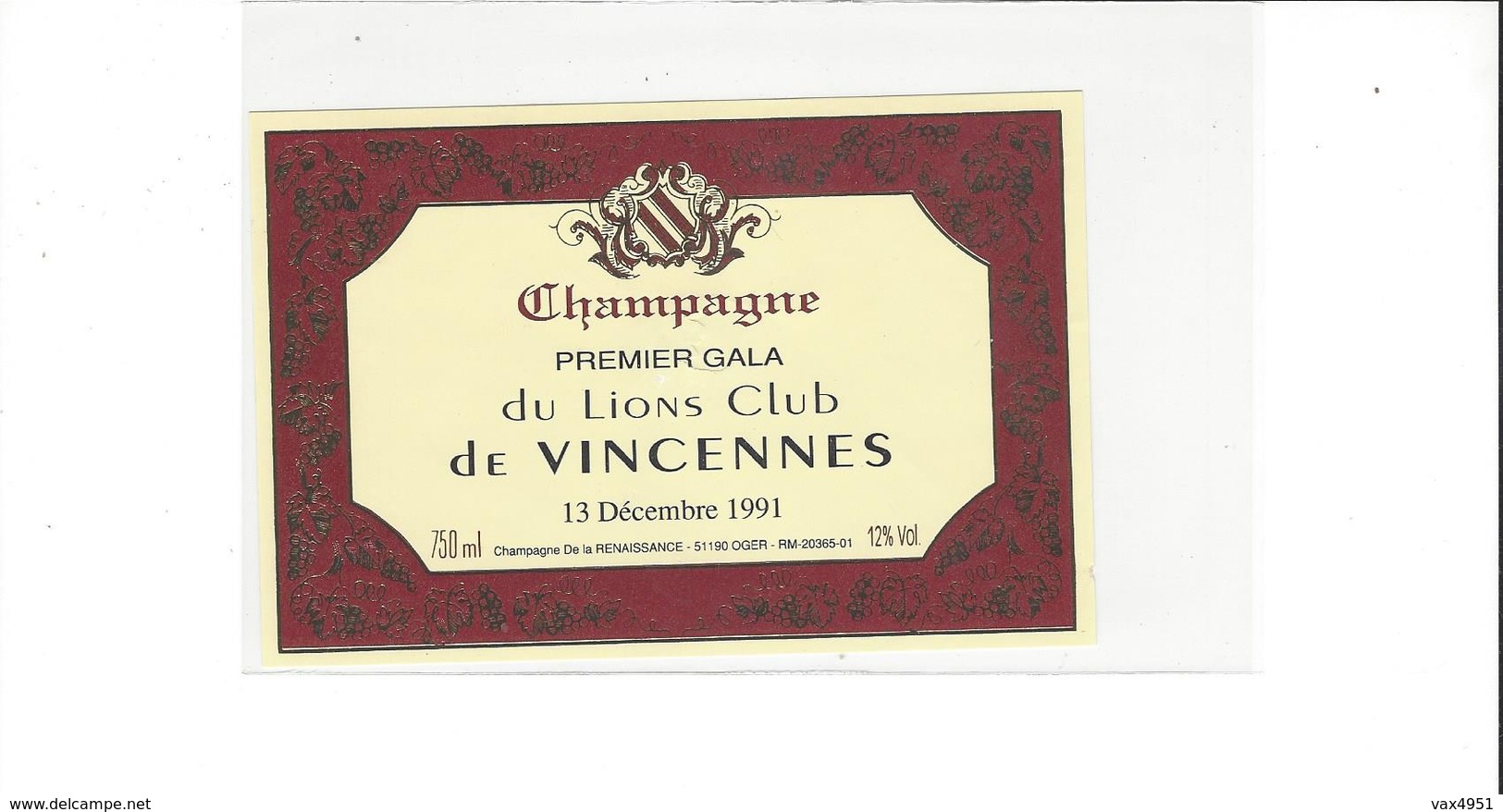 ETIQUETTE   CHAMPAGNE LIONS CLUB DE VINCENNES  MECHOUI 13/12/1991 A OGER ***   RARE A SAISIR ****** - Champagne