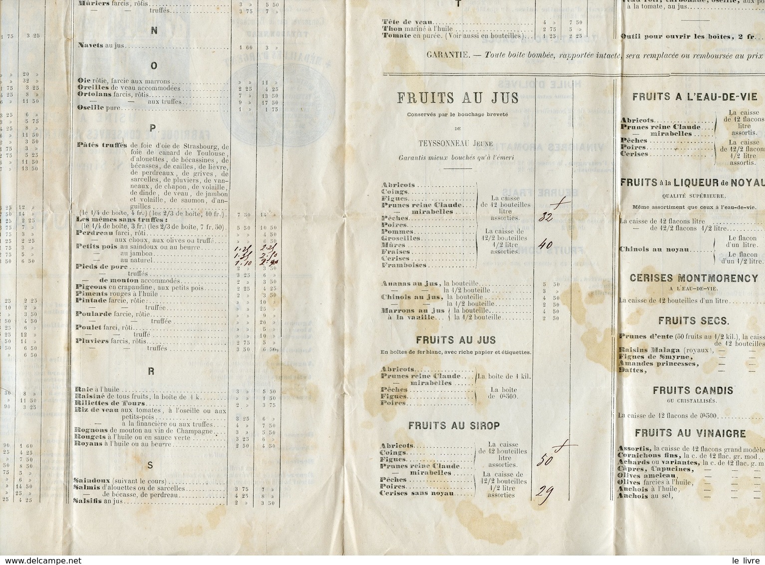 TARIFS MILIEU 19ème MAISON TEYSSONEAU JEUNE FABRIQUE DE CONSERVES ALIMENTAIRES - 1800 – 1899