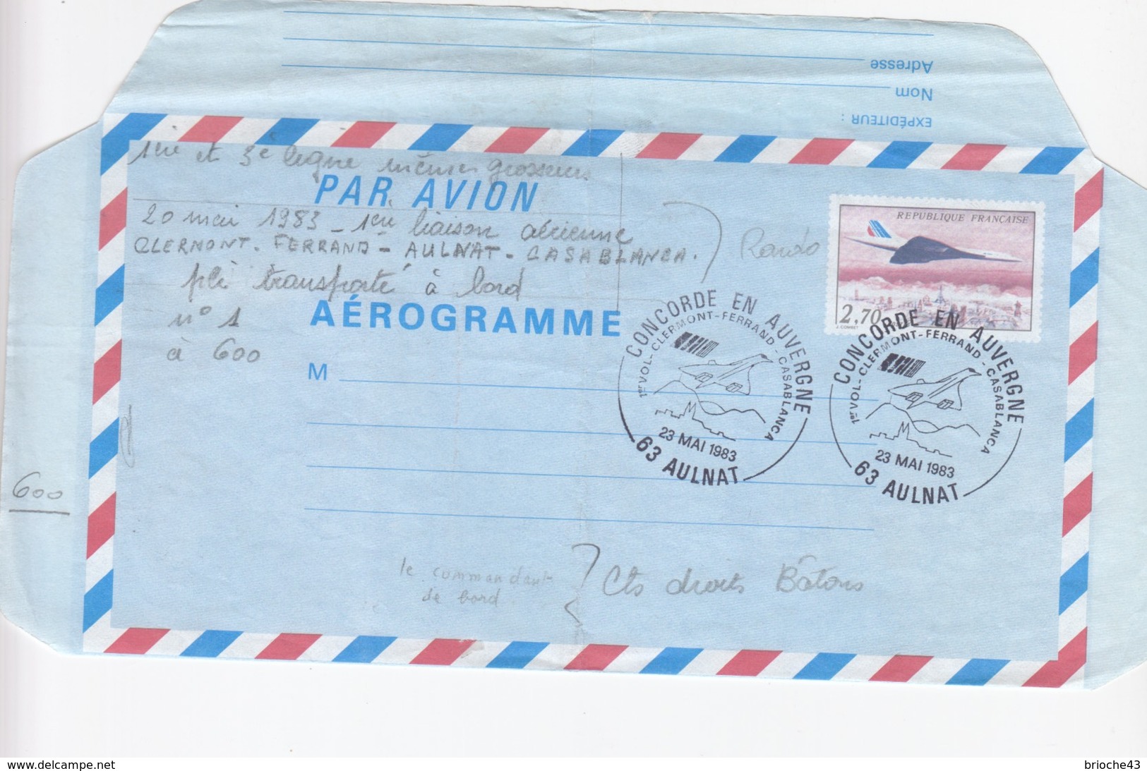 FRANCE - AEROGRAMME 2.70 CONCORDE SURVOLANT PARIS- CACHET 1er VOL CONCORDE EN AUVERGNE 23.5.1987 AULNAT 63  / 1 - Aérogrammes