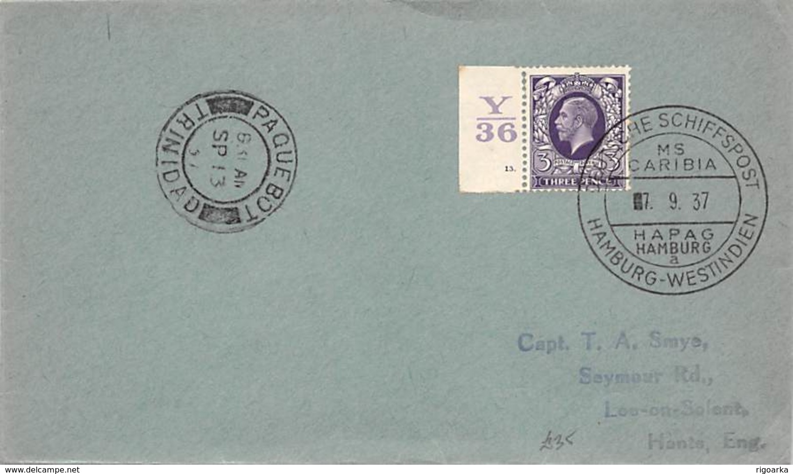 1936.- YV Nº 192. MARITIME MAIL FROM TRINIDAD TO HANTS (ENGLAND). POSTMARK GERMAN MARITIME COMPANY WESTINDIEN - Cartas & Documentos