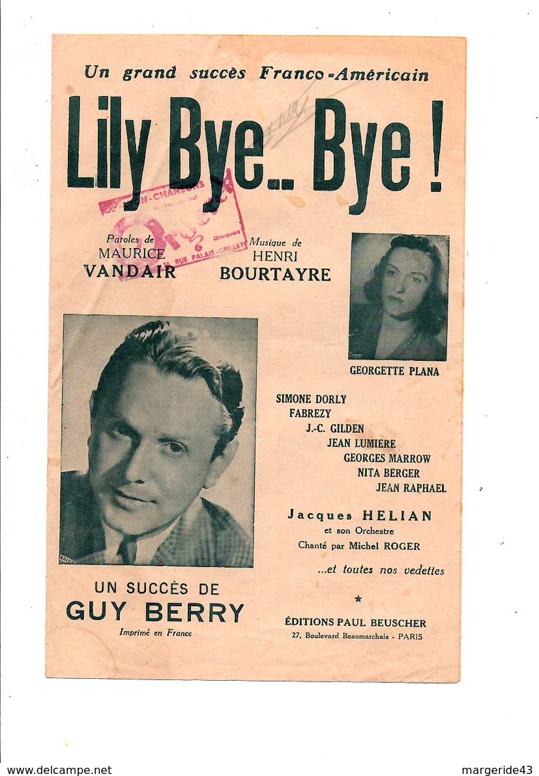 PARTITION LILY BYE...BYE MAURICE VANDAIR / HENRI BOURTAYRE - Partitions Musicales Anciennes