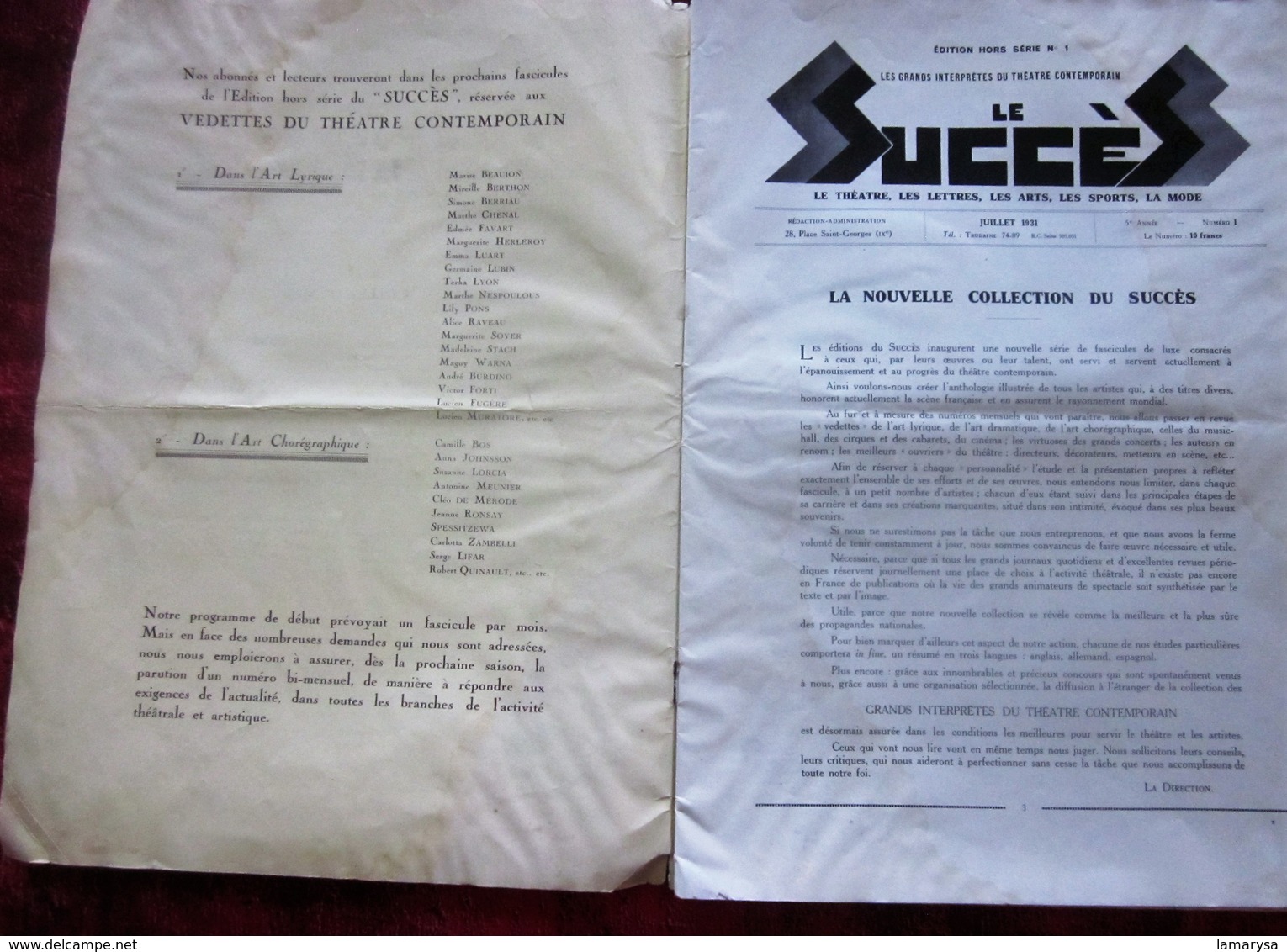 1931" LE SUCCÈS "LES INTERPRÈTES ART LYRIQUE THÉÂTRE SPECTACLES PROGRAMME-CONCERT  LETTRE-ART-SPORT-MODE PUB- D-8 DELAGE - Programmes