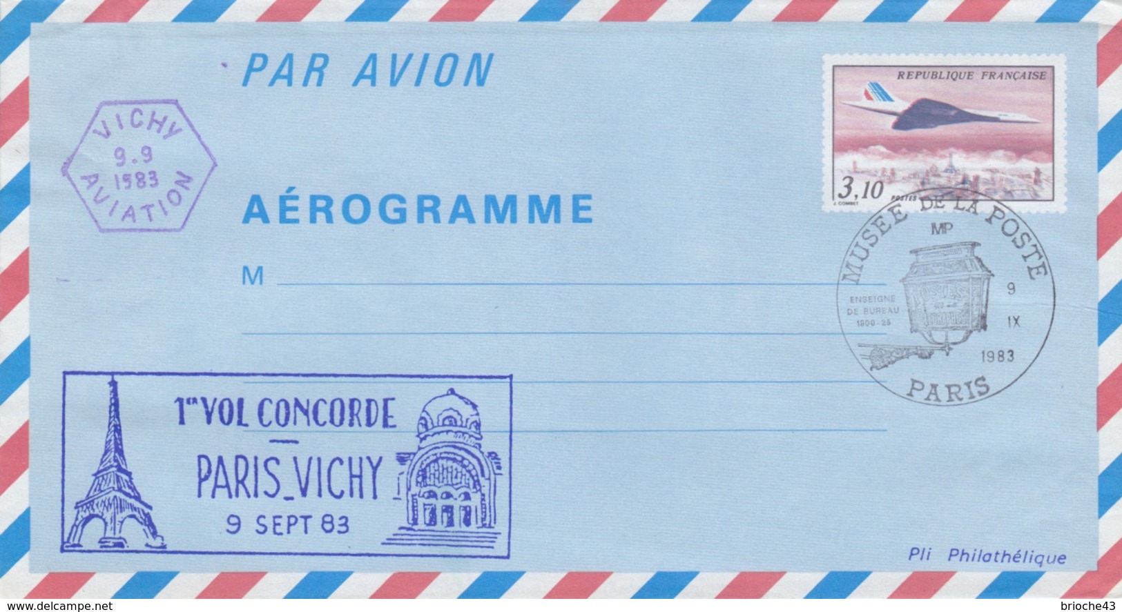 FRANCE - AEROGRAMME 3.10 CONCORDE SURVOLANT PARIS - 1er VOL PARIS-VICHY 9.9.1983 - VICHY AVIATION  / 3 - Aerogrammi