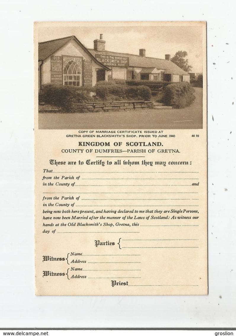 COPY OF MARRIAGE CERTIFICATE ISSUED AT GRETNA GREEN BLACKSMITH' SHOP . PRIOR TO JUNE 1940 - Dumfriesshire