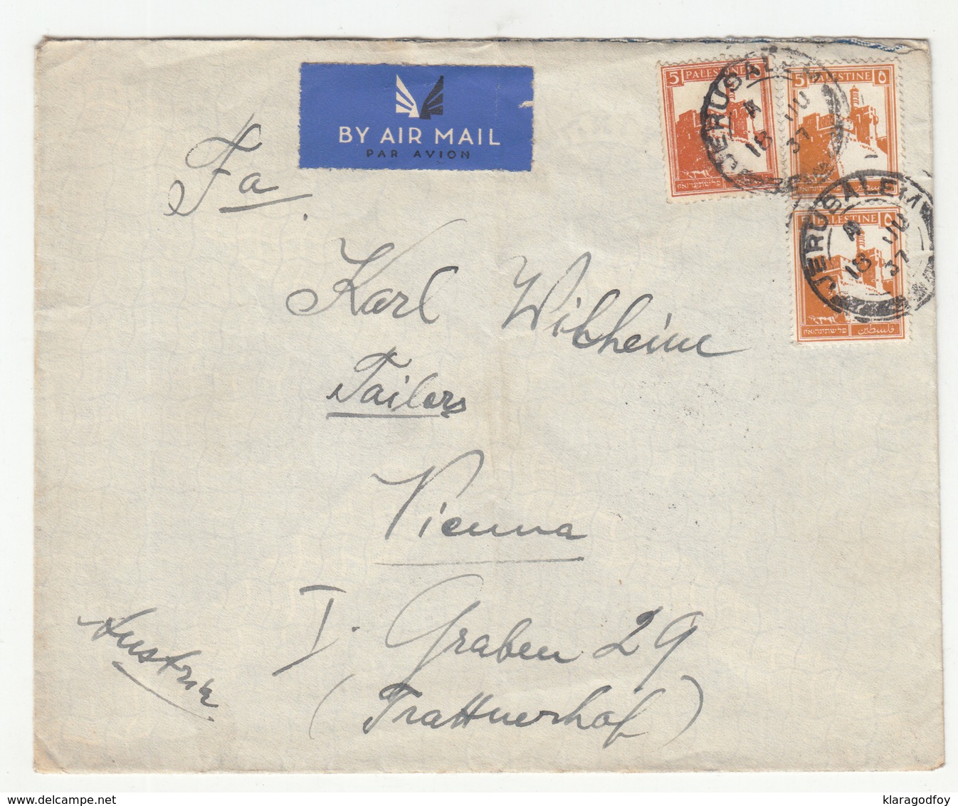 Palestine Air Mail Letter Cover Travelled 1937 Jerusalem To Wien B190510 - Palestine