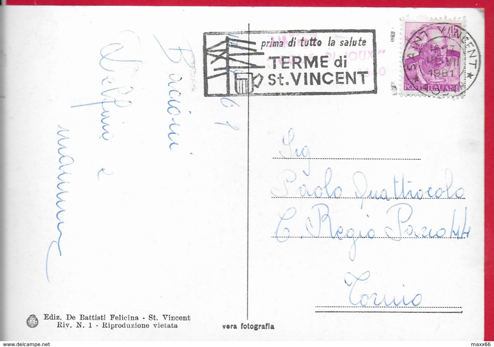 CARTOLINA VG ITALIA - COLLE DI JOUX Sopra ST. VINCENT (AO) - 10 X 15 - ANN. 1961 - Altri & Non Classificati