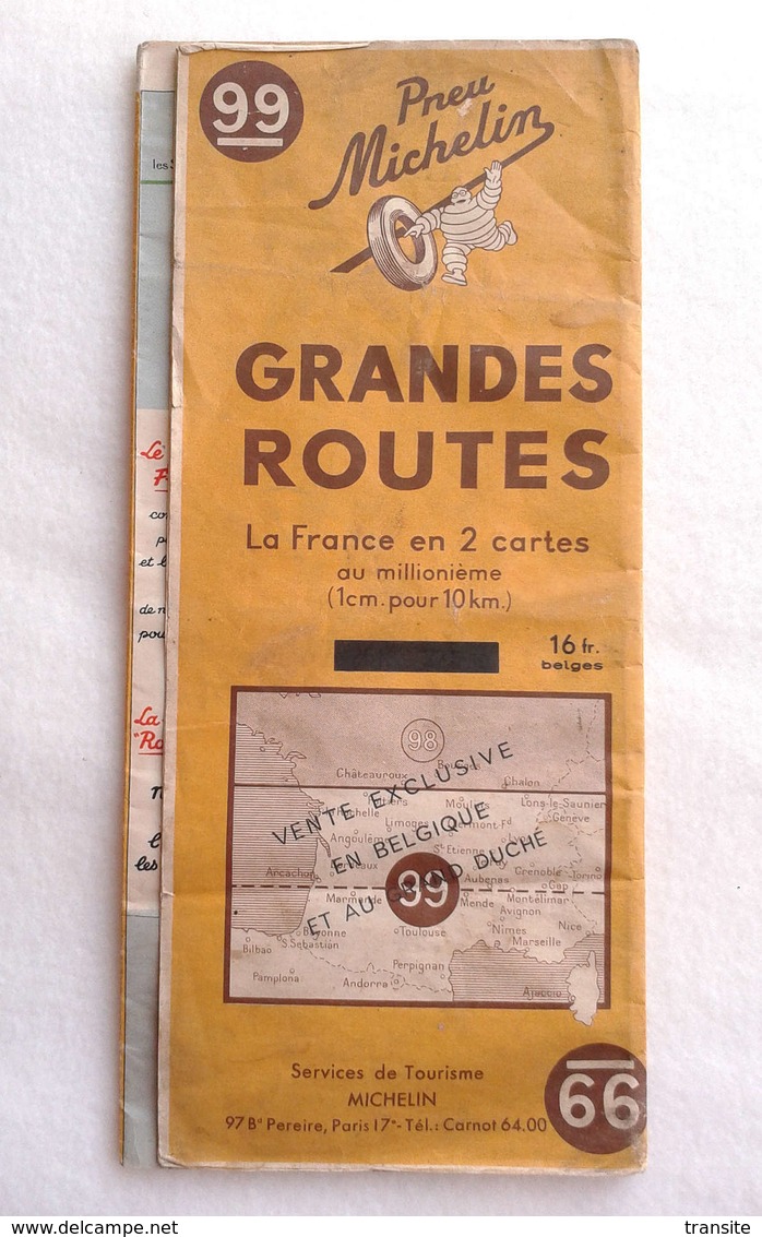 Carte routiere 1947 MICHELIN 99  Grandes routes du sud de la France