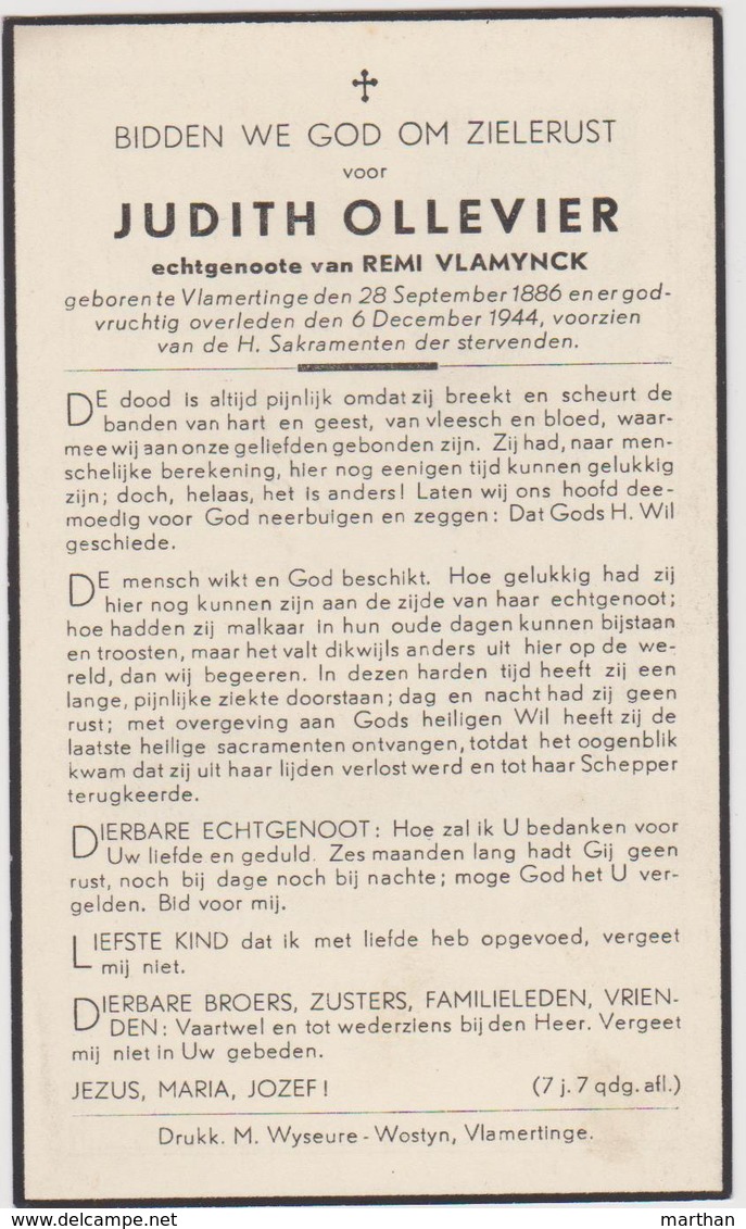 DOODSPRENTJE OLLEVIER JUDITH ECHTGENOTE VLAMYNCK VLAMERTINGE (1886 - 1944) - Imágenes Religiosas