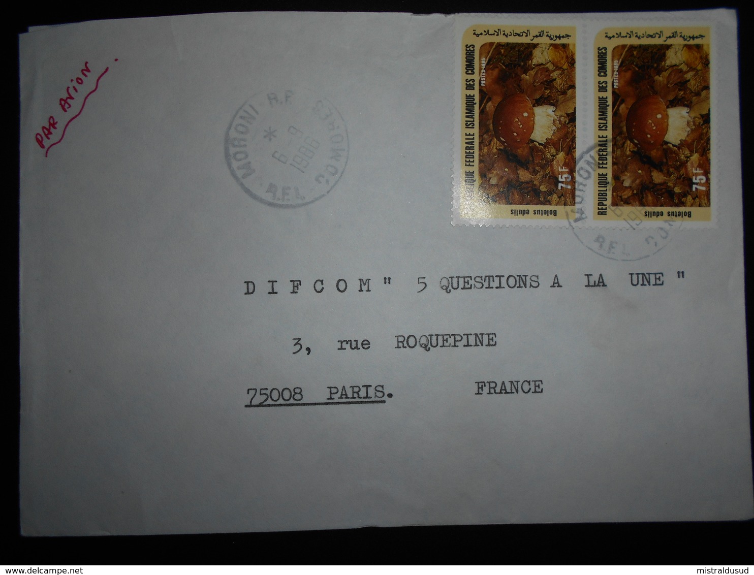 Comores , Lettre De Moroni 1986 Pour Paris - Comores (1975-...)