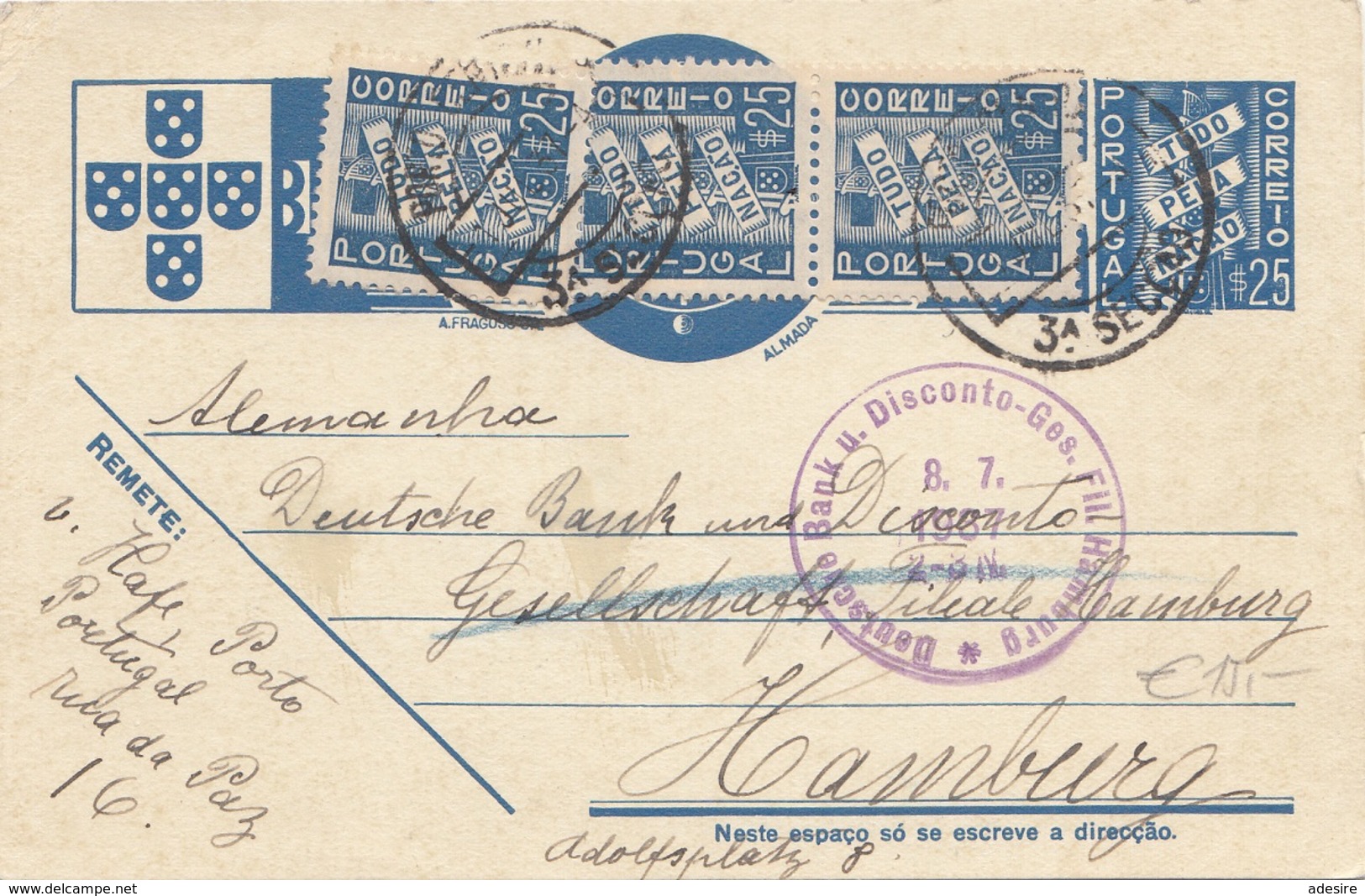 PORTUGAL 1937 - 25 P Ganzsache + 3 Fach Zusatzfrankierung Auf Firmenpostkarte Gel.n.Hamburg - Briefe U. Dokumente