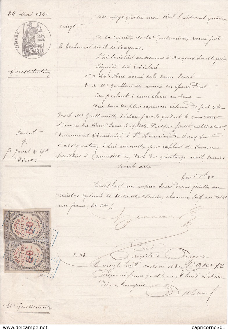 Fiscaux Sur Document De 1880 Assignation - Lettres & Documents