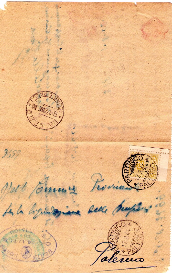 ITALIA  Storia Postale Amgot  Cent. 25  Piego  Partinico Del  17 - 8 - 1944  Angolo Di Foglio - Marcophilie