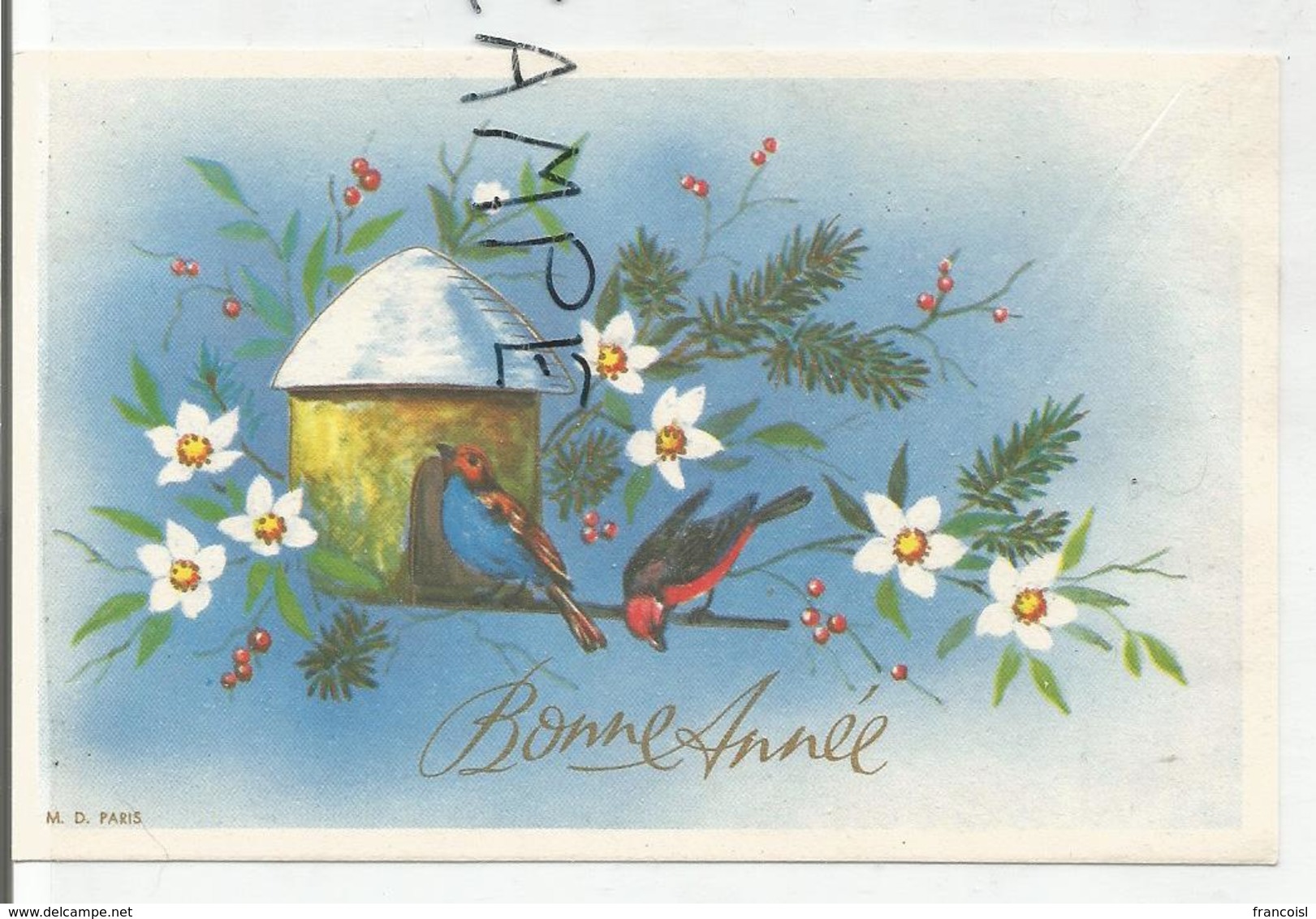 Carte De Vœux. Bonne Année. Deux Oiseaux Sur Un Nichoir, Fleurs Et Branches De Sapin. - Nouvel An