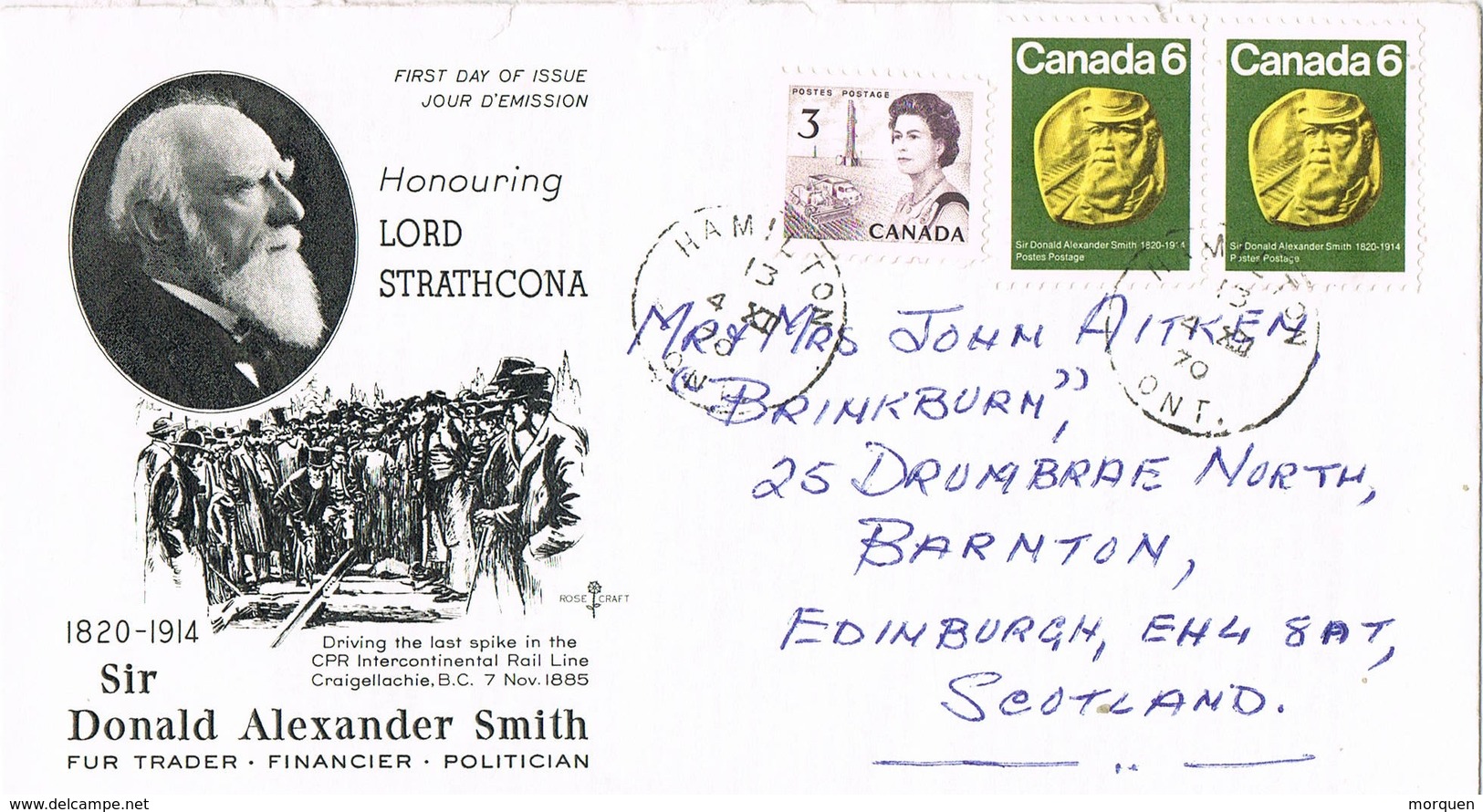 32712. Carta HAMILTON (Ontario) Canada 1970. Donald Alexander Smith, RAIL Line - Cartas & Documentos