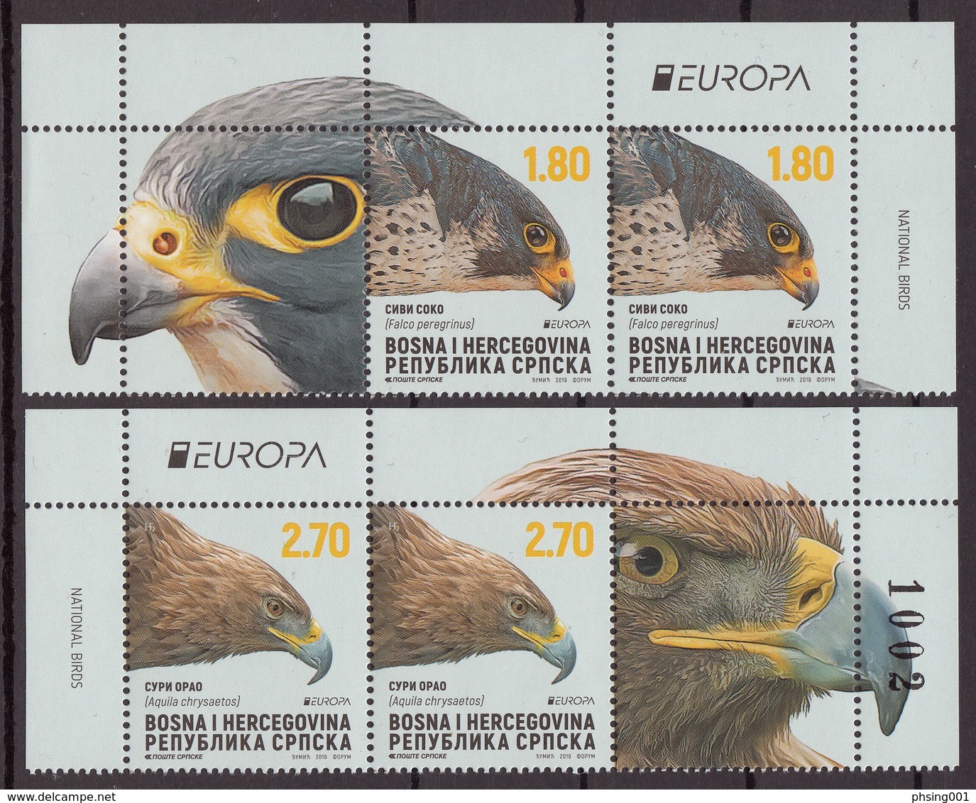 Bosnia Serbia 2019 Europa CEPT National Birds Fauna Eagles Falcon Aquila Chrysaetos Falco Peregrinus Middle Row MNH - 2019