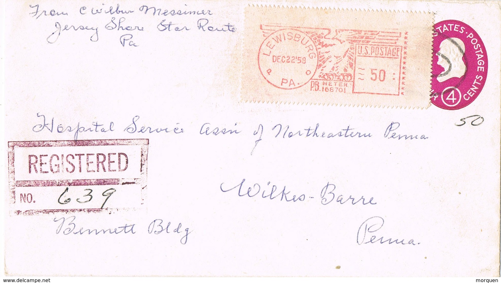 32714. Carta Entero Postal Certificada JERSEY SHORE (Pa) 1958. Fechador LEWISBURG, Franqueo Mecanico - Cartas & Documentos