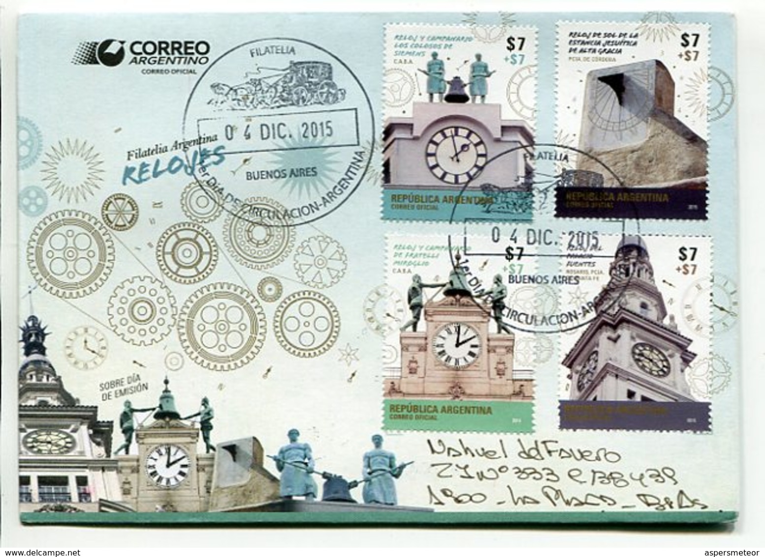 RELOJES, CLOCKS, HORLOGES. ARGENTINA 2015 SOBRE DIA DE EMISION FDC ENVELOPE CIRCULE - LILHU - Relojería