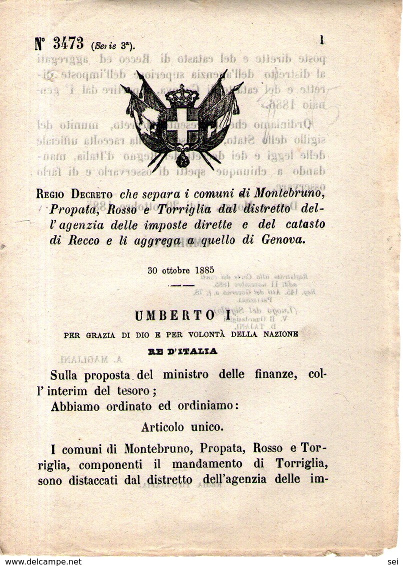 B 2493  - Regio Decreto, Montebruno Propata Rosso Torriglia, 1885 - Decreti & Leggi