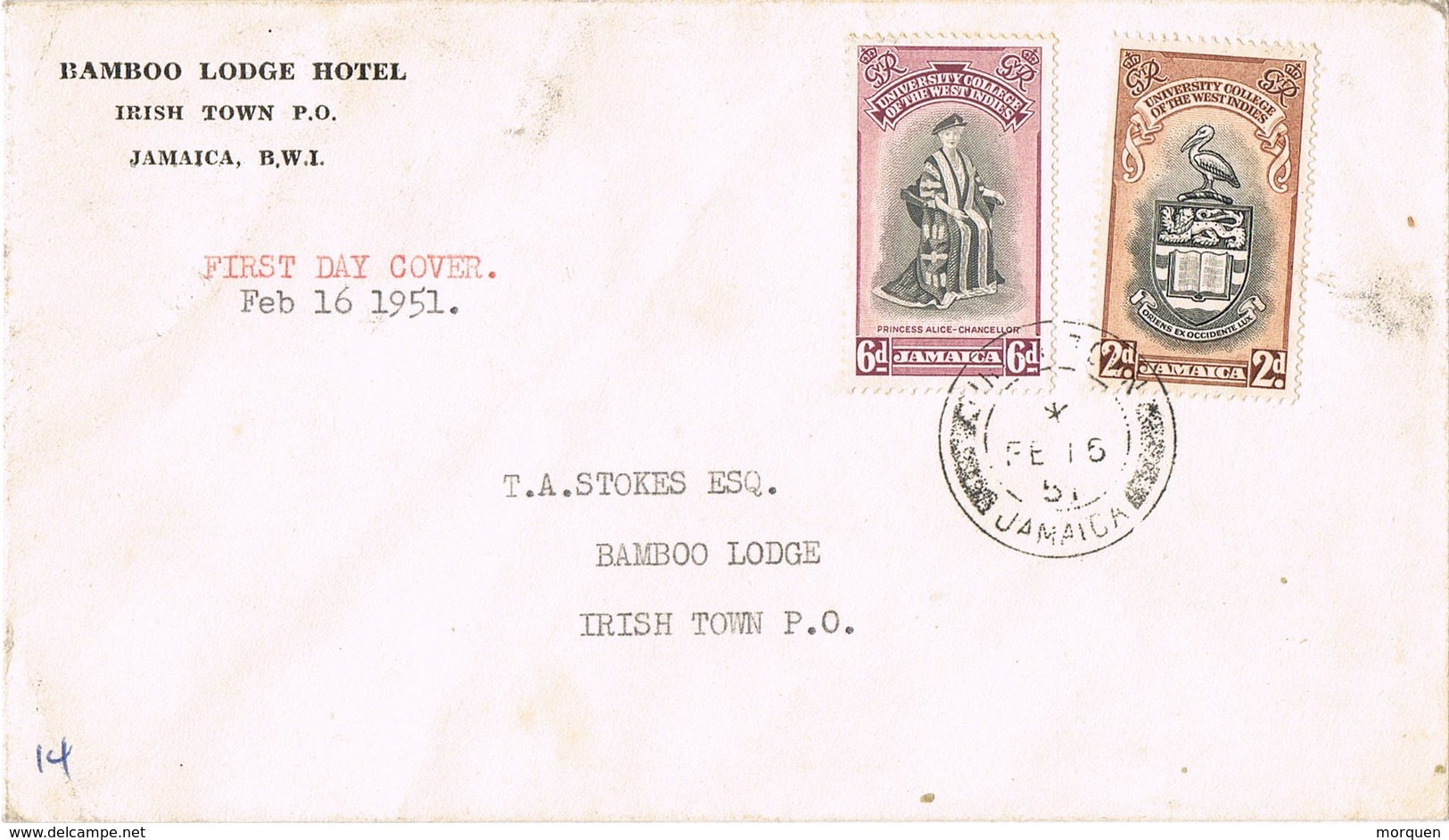 32716. Carta IRIS TOWN (Jamaica) 1951. BAMBOO Lodge Hotel - Jamaica (...-1961)