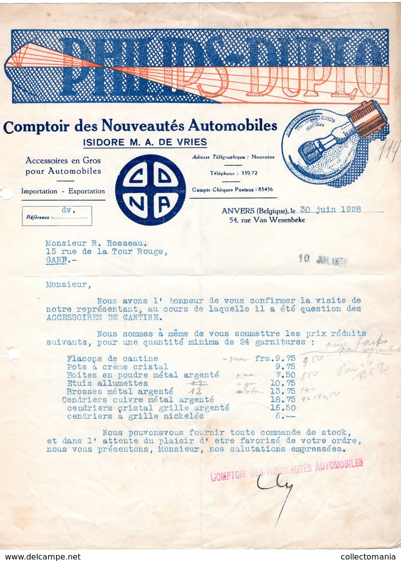 1 Faktuur Antwerpen Comptoir Des Nouveautés Automobiles Isidore De Vries Phillips Duplo Van Wesembeeckstraat  C1928 - 1900 – 1949