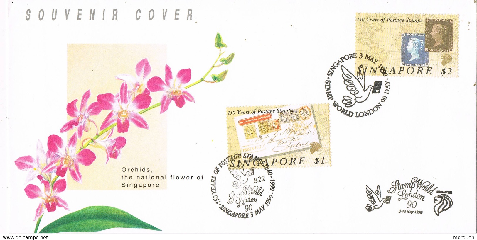 32718. Carta F.D.C. SINGAPORE 1990. 150 Jears Postage. Stamp World London - Singapur (1959-...)