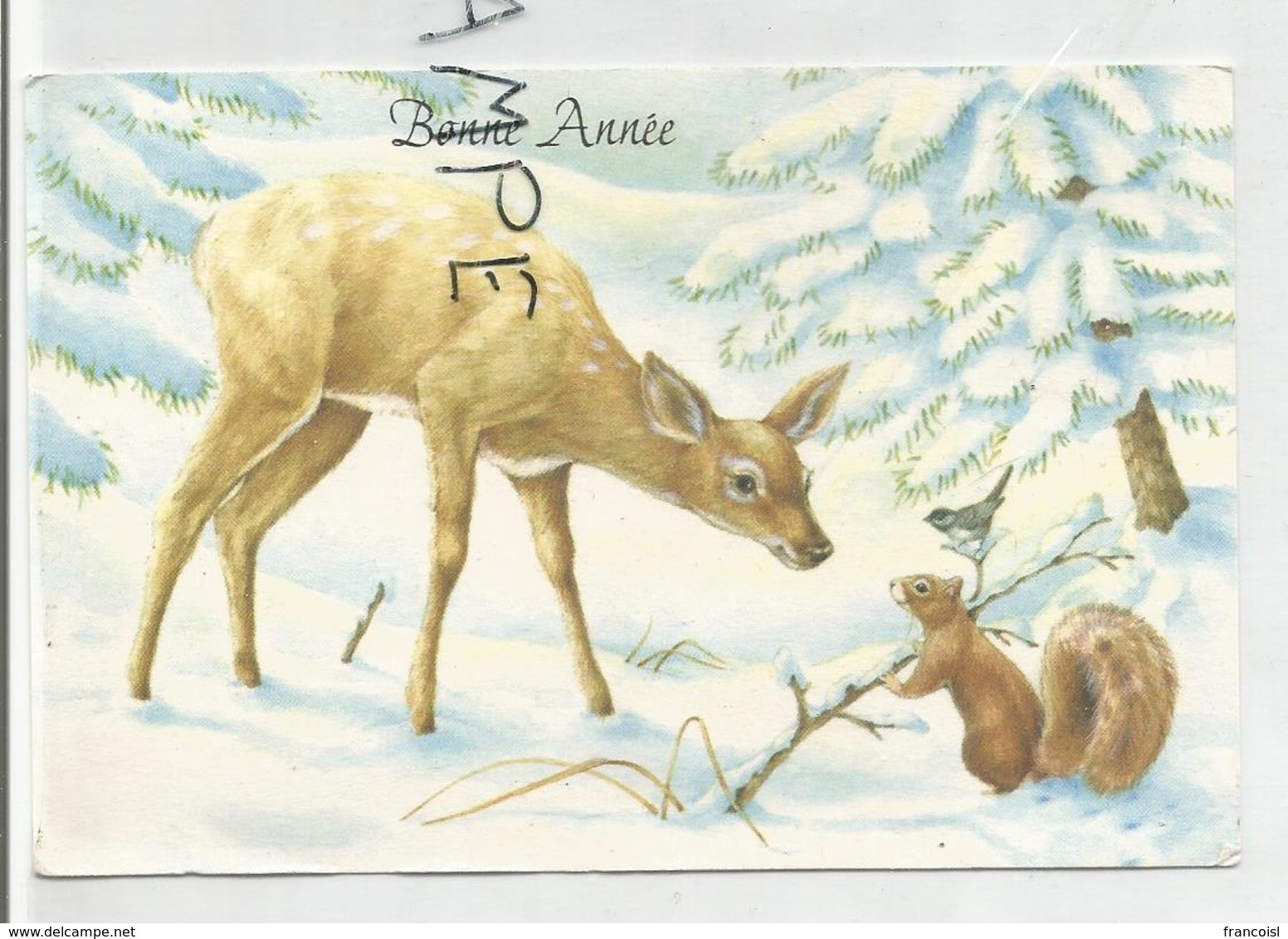 Carte De Vœux. Biche En Conversation Avec Un écureuil Et Un Oiseau Dans Une Forêt Enneigée. - Nouvel An