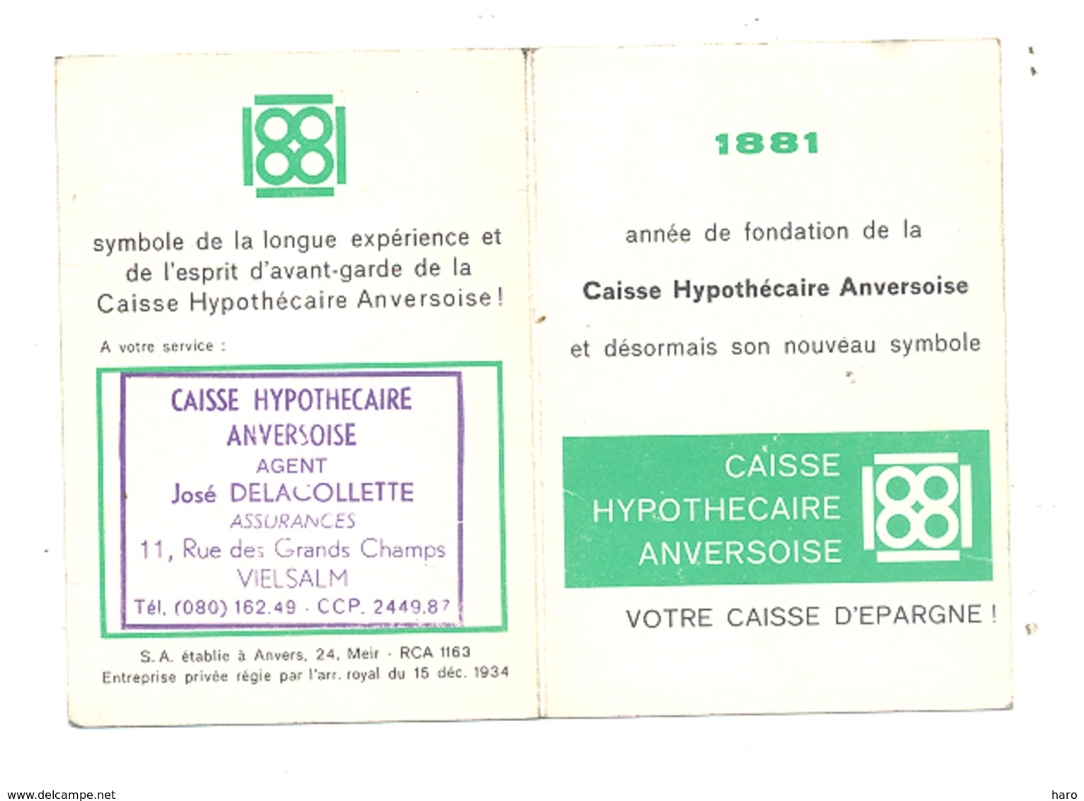 Calendrier De Poche 1967 - Publicité Caisse Hypothécaire Anversoise - J. Delacollette à VIELSALM  (van) - Kleinformat : 1961-70