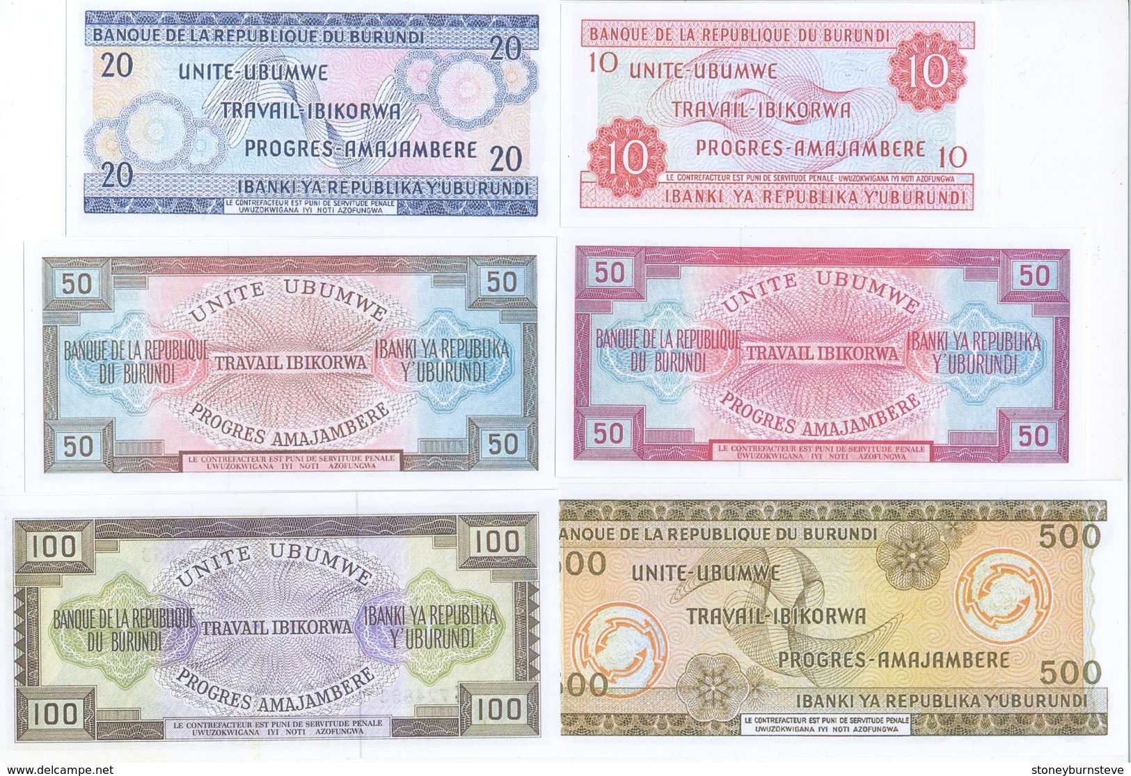 Burundi 8 Note Set 1968 COPY - Burundi