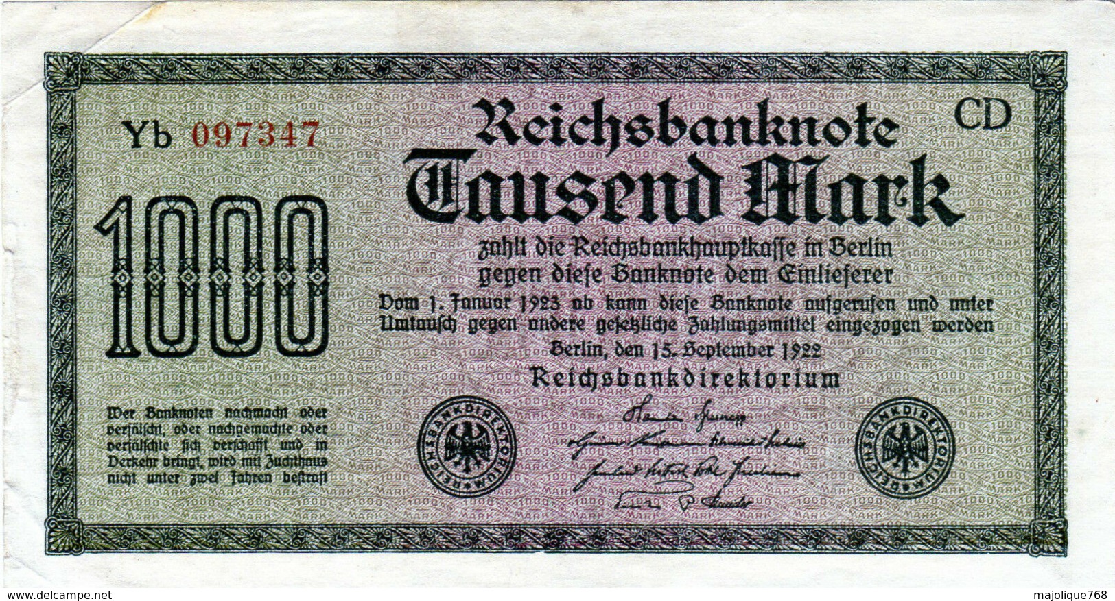 Billet Allemand De 1000 Mark Le 15 Septembre 1922 - En T T B + - - 1000 Mark