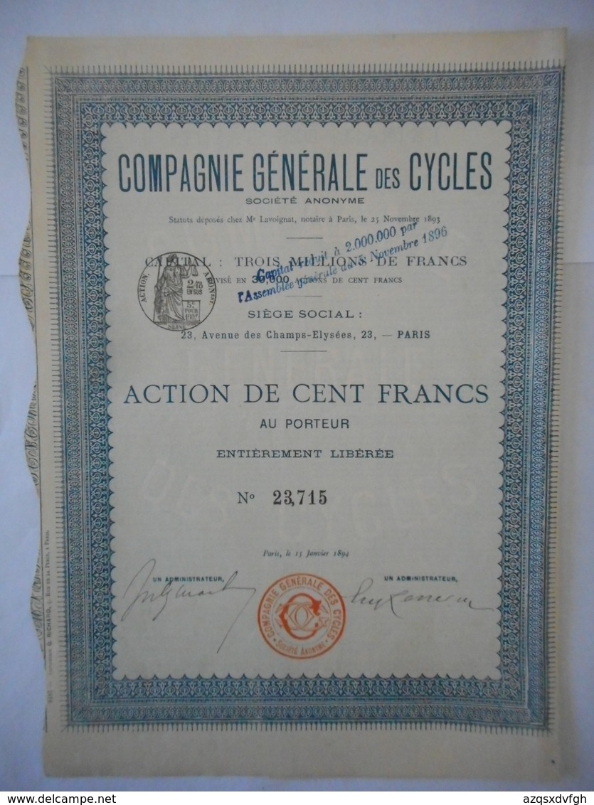 Cie Generale Des CYCLES Avenue Des Champs Elysees PARIS 1894 - Sports