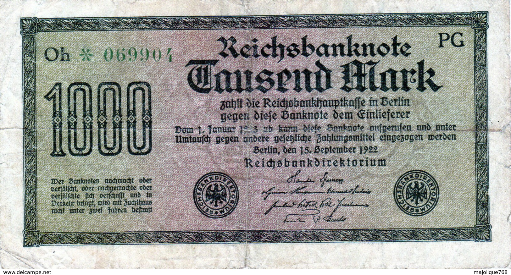 Billet Allemand De 1000 Mark Le 15 Septembre 1922 - En T B - - 1000 Mark