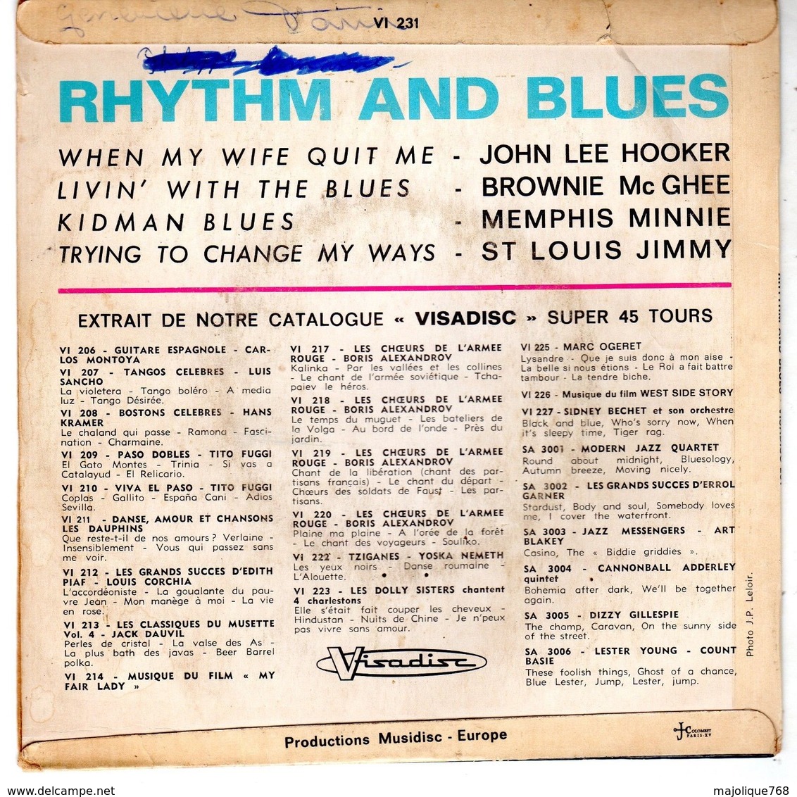 Disque Rhythm And Blues - John Lee Hooker-Brownie Mcghee-Memphis Minnie - Visadisc 231 - Blues