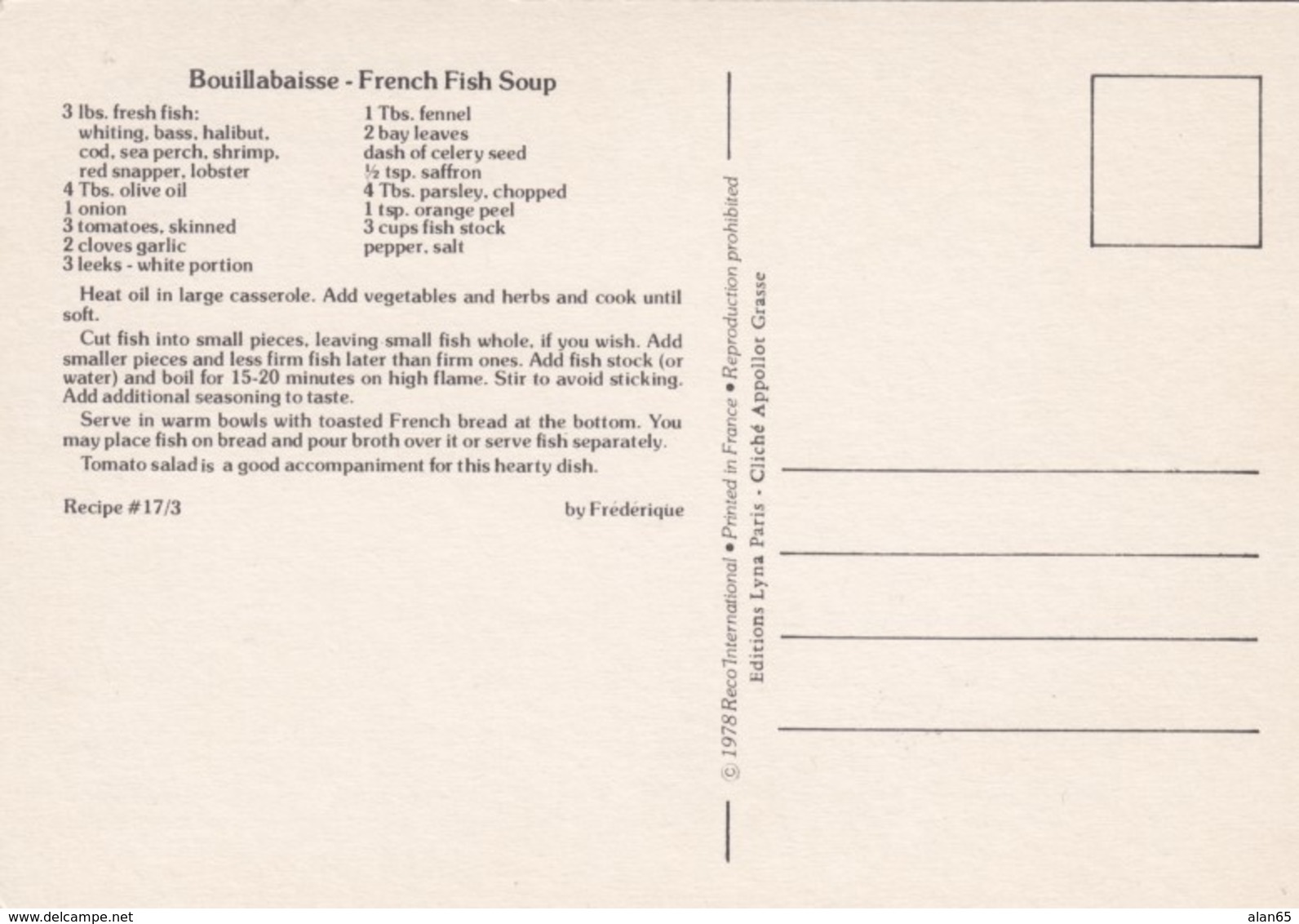 Recette De La Bouillabaisse Recipe, Fish Stew France 1960s Vintage Postcard - Recipes (cooking)