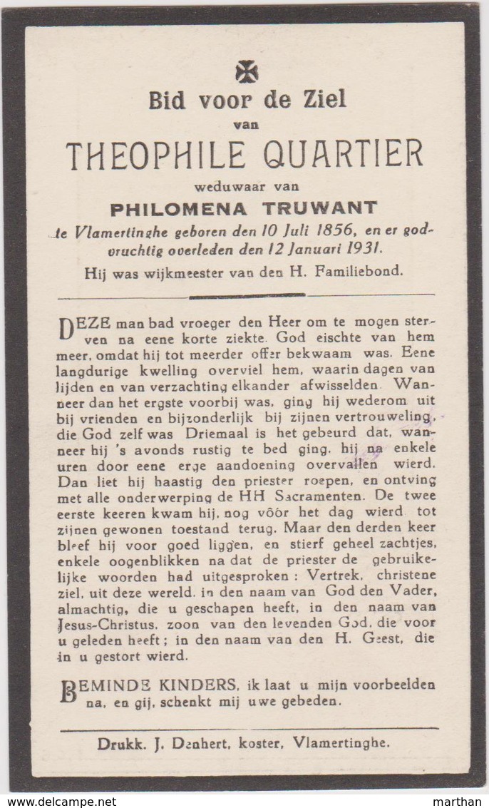 DOODSPRENTJE QUARTIER THEOPHILE WEDUWNAAR TRUWANT VLAMERTINGE (1856 - 1931) - Devotion Images