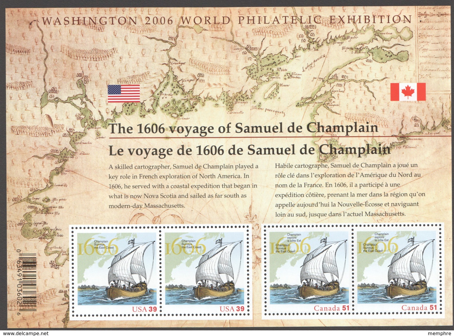 2006 1606 Voyage Of Samuel De Champlain USA/Canada Joint Souvenir Sheet  Sc 2156 MNH - Ungebraucht