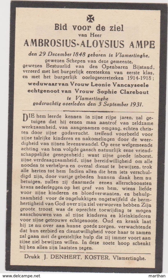 DOODSPRENTJE AMPE AMBROSIUS WEDUWNAAR VANCAYSEELE ECHTGENOOT CLAREBOUT VLAMERTINGE (1848 - 1931) Schepen Van Vlamertinge - Devotieprenten