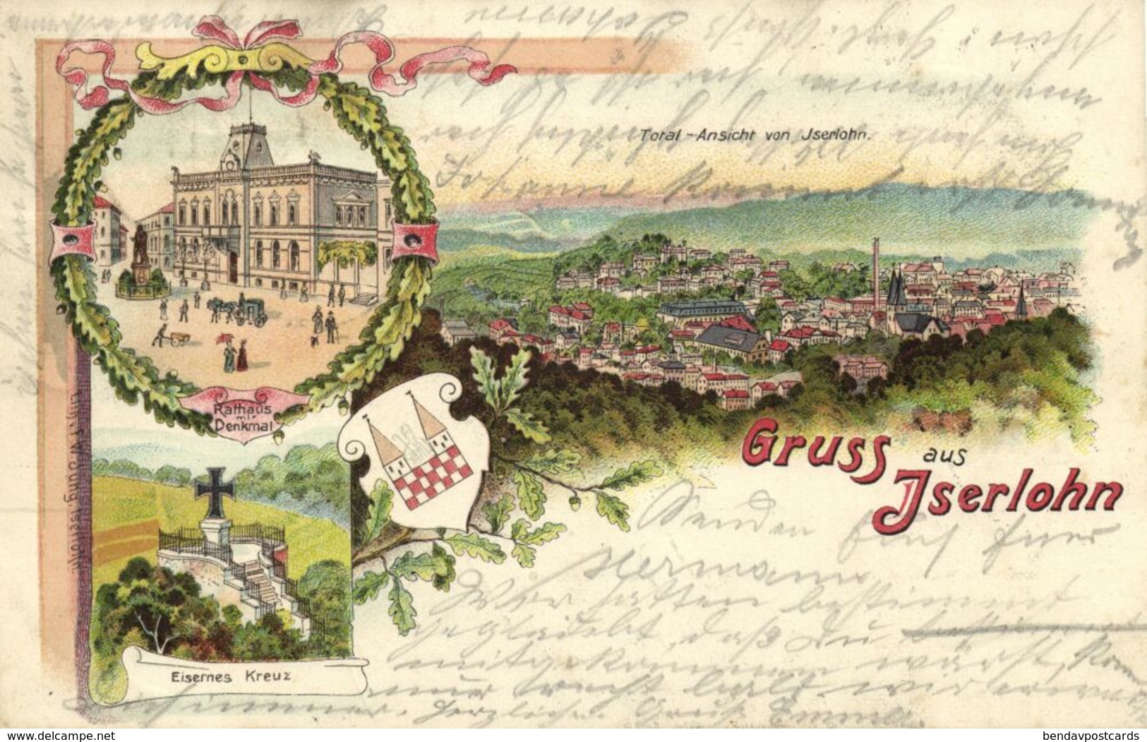 ISERLOHN, Mehrbildkarte, Rathaus Mit Denkmal, Eisernes Kreuz (1899) Litho-AK - Iserlohn