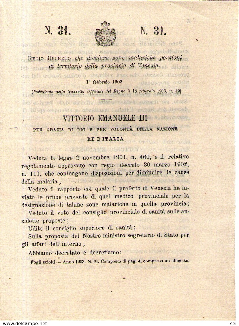 B 2497  - Decreto, Malaria, Venezia, 1903 - Decreti & Leggi