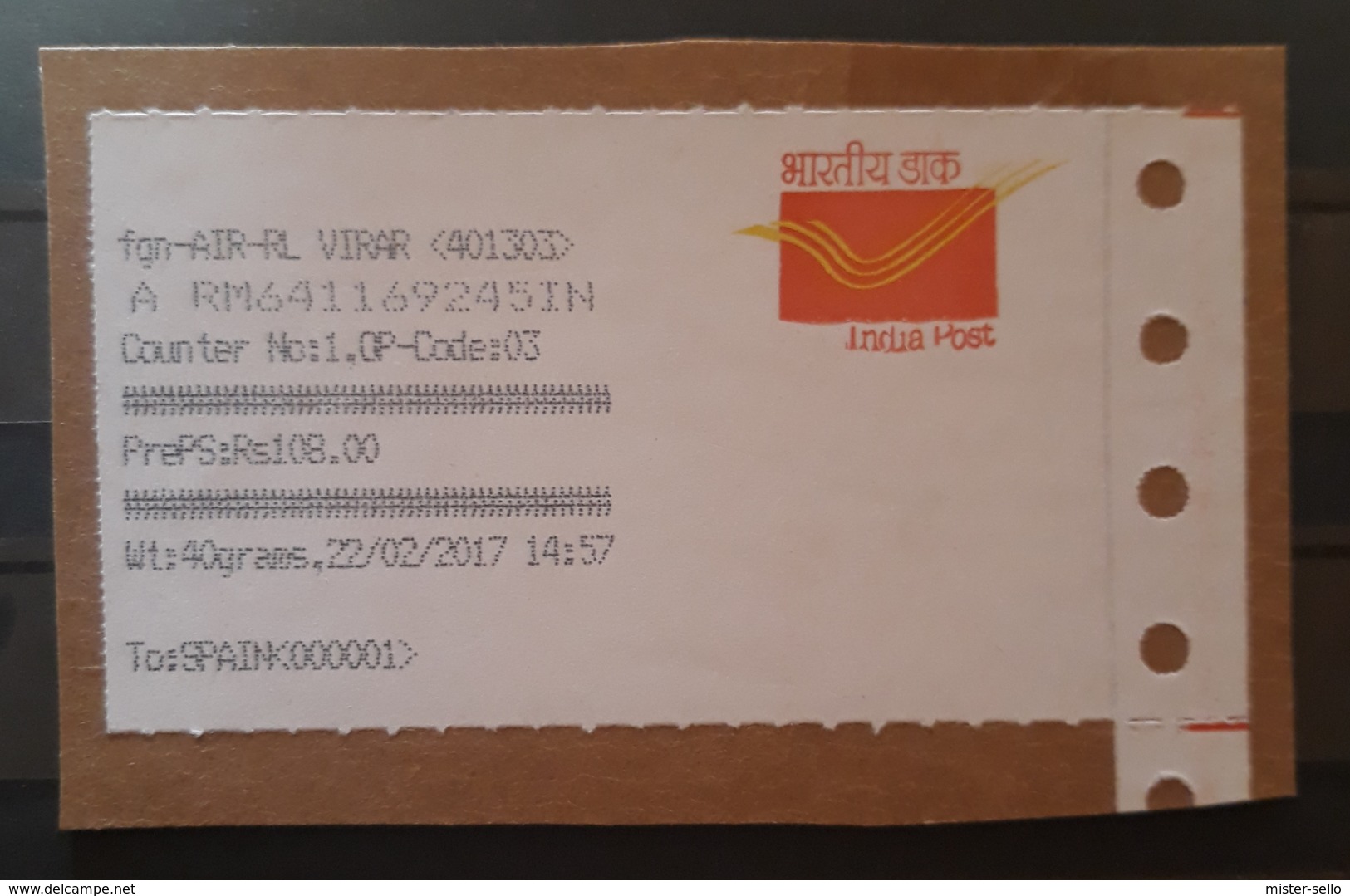 ETIQUETA INDIA POST. INDIA A ESPAÑA. - Viñetas De Franqueo [ATM]