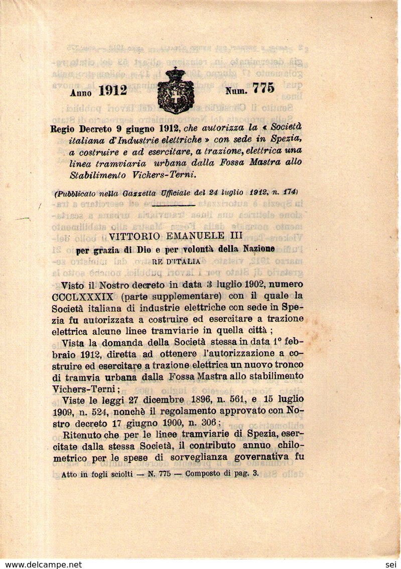 B 2498  - Decreto, Tramvia, Spezia, 1912 - Decreti & Leggi