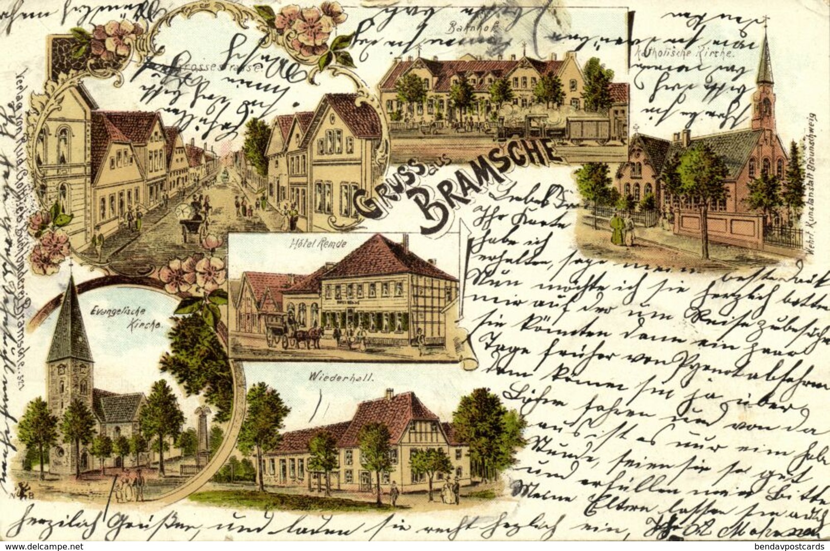 BRAMSCHE, Mehrbildkarte, Bahnhof, Grossestrasse, Hotel Remde, Wiederhall, Kath. Kirche (1899) Litho-AK - Bramsche