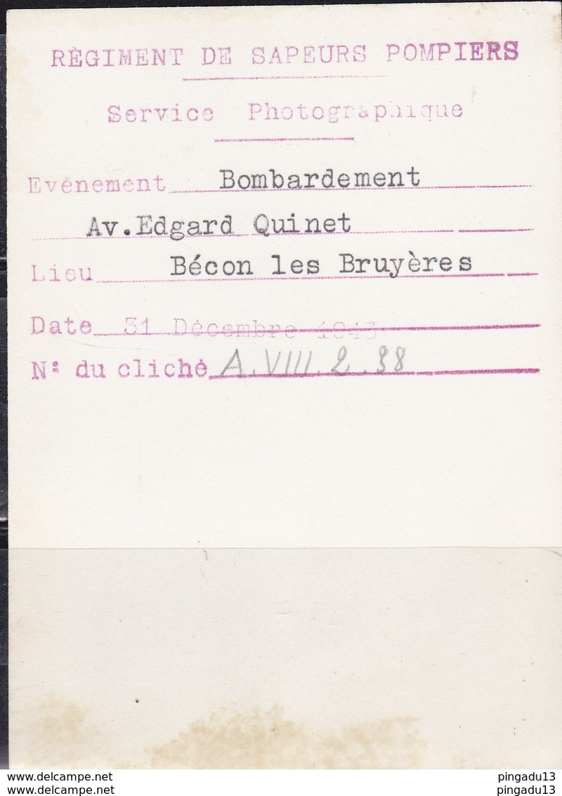 Fixe Sapeur Pompier Paris Sapeurs-pompiers Bombardement 2 E Guerre Mondiale Bécon Les Bruyères Quinet 31 Déc 1943 - Pompiers