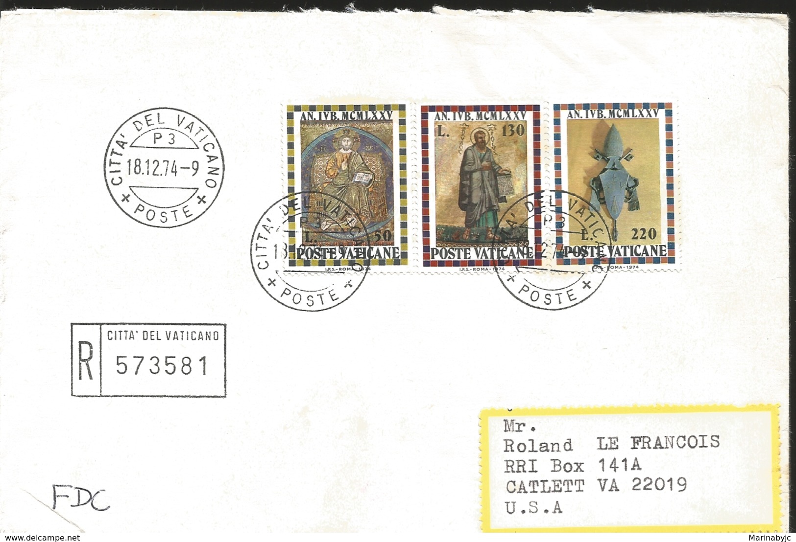 J) 1974 VATICAN CITY, CHRIST ENTHRONED ST. PAUL. ARMS OF POPE PAUL VI, MULTIPLE STAMPS, REGISTERED, AIRMAIL, CIRCULATED - Other & Unclassified